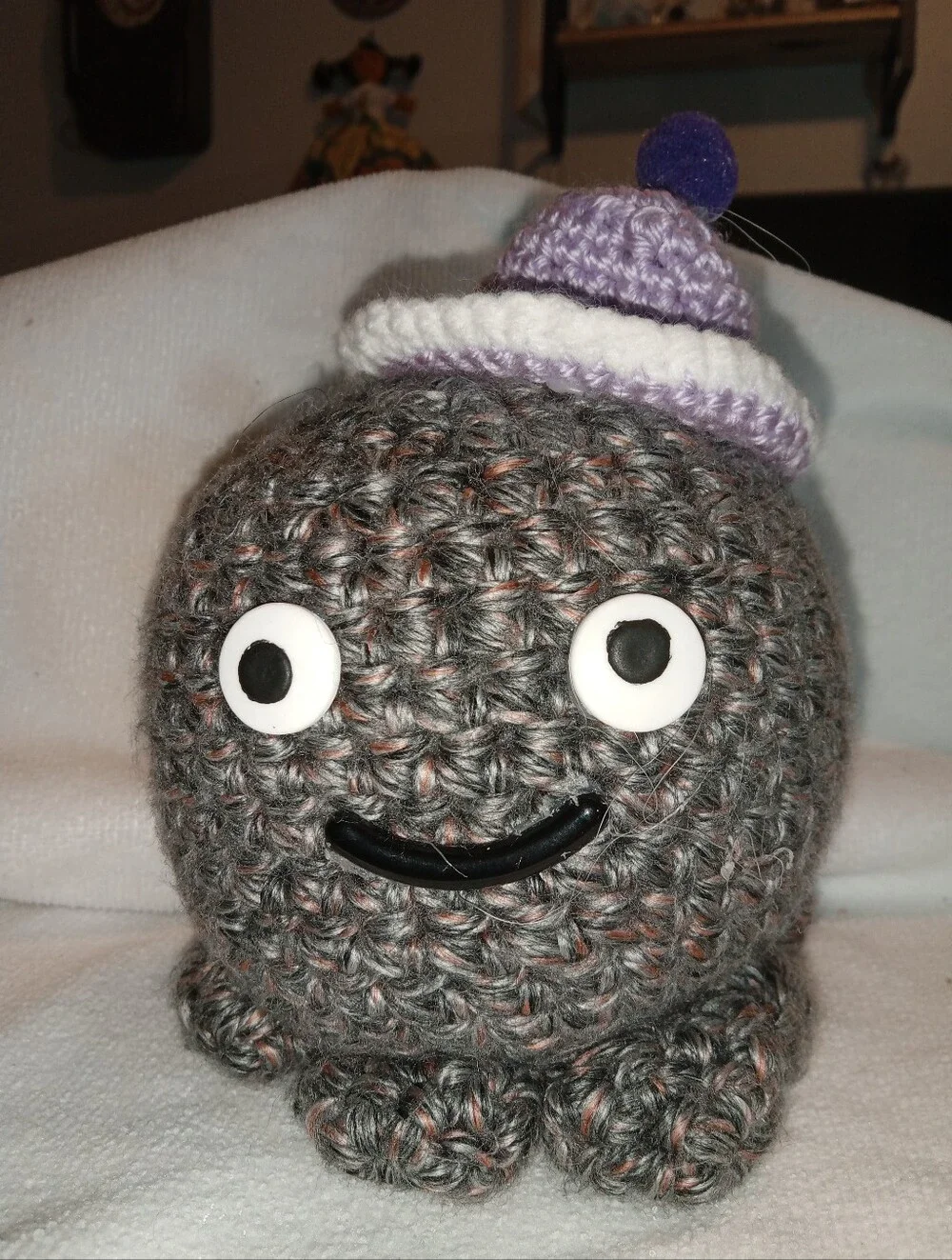 Handcrafted Gray Crochet Octopus Plush with Purple Hat Amigurumi
